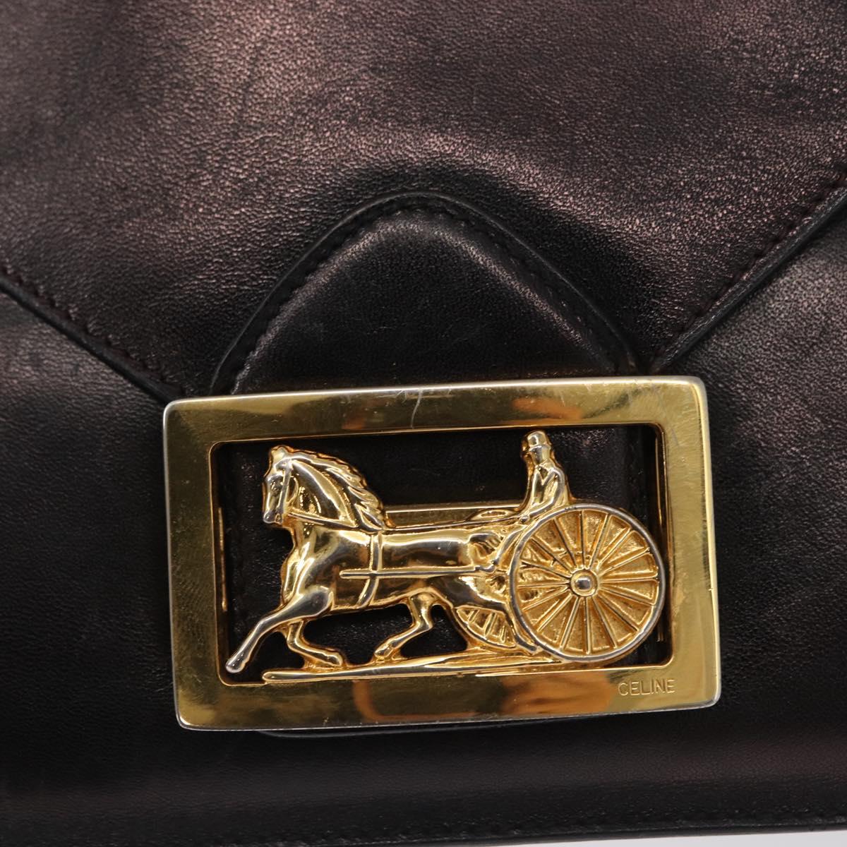 CELINE Horse Carriage Shoulder Bag Leather Black Gold Auth 166146