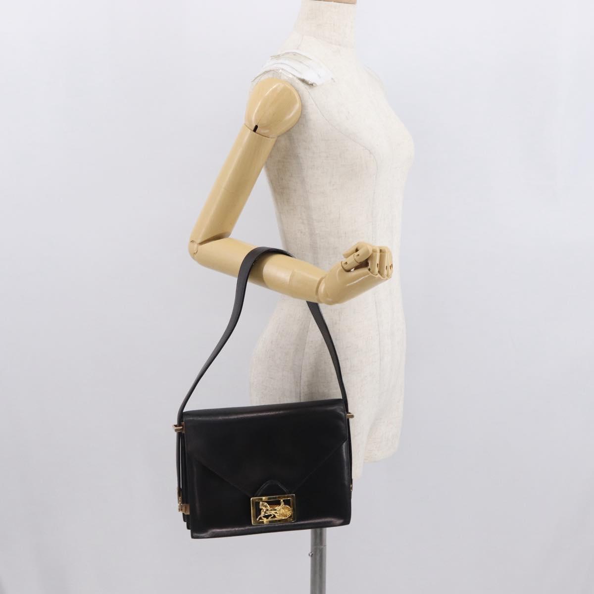 CELINE Horse Carriage Shoulder Bag Leather Black Gold Auth 166146