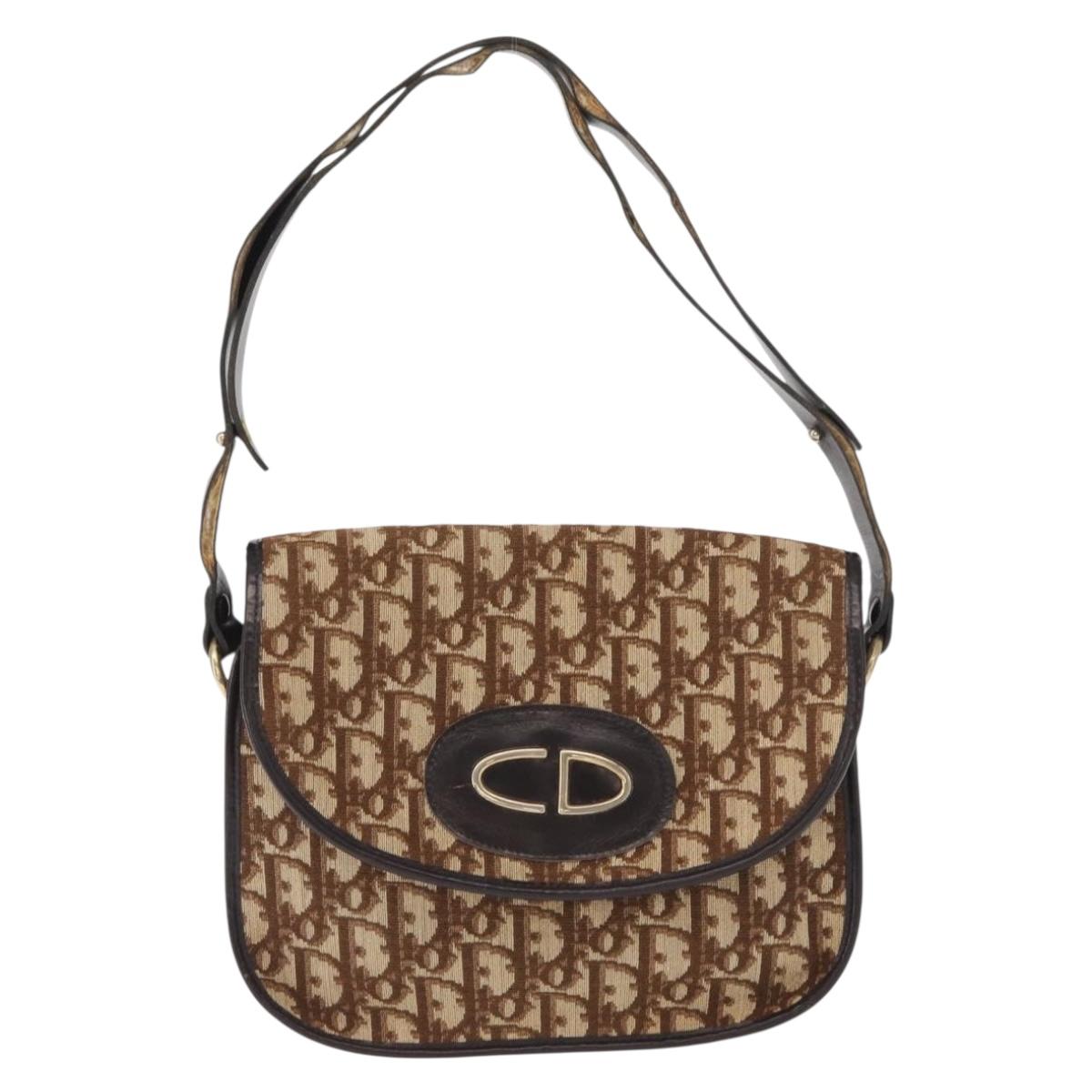Christian Dior Trotter Canvas Shoulder Bag Brown Gold Auth 166150