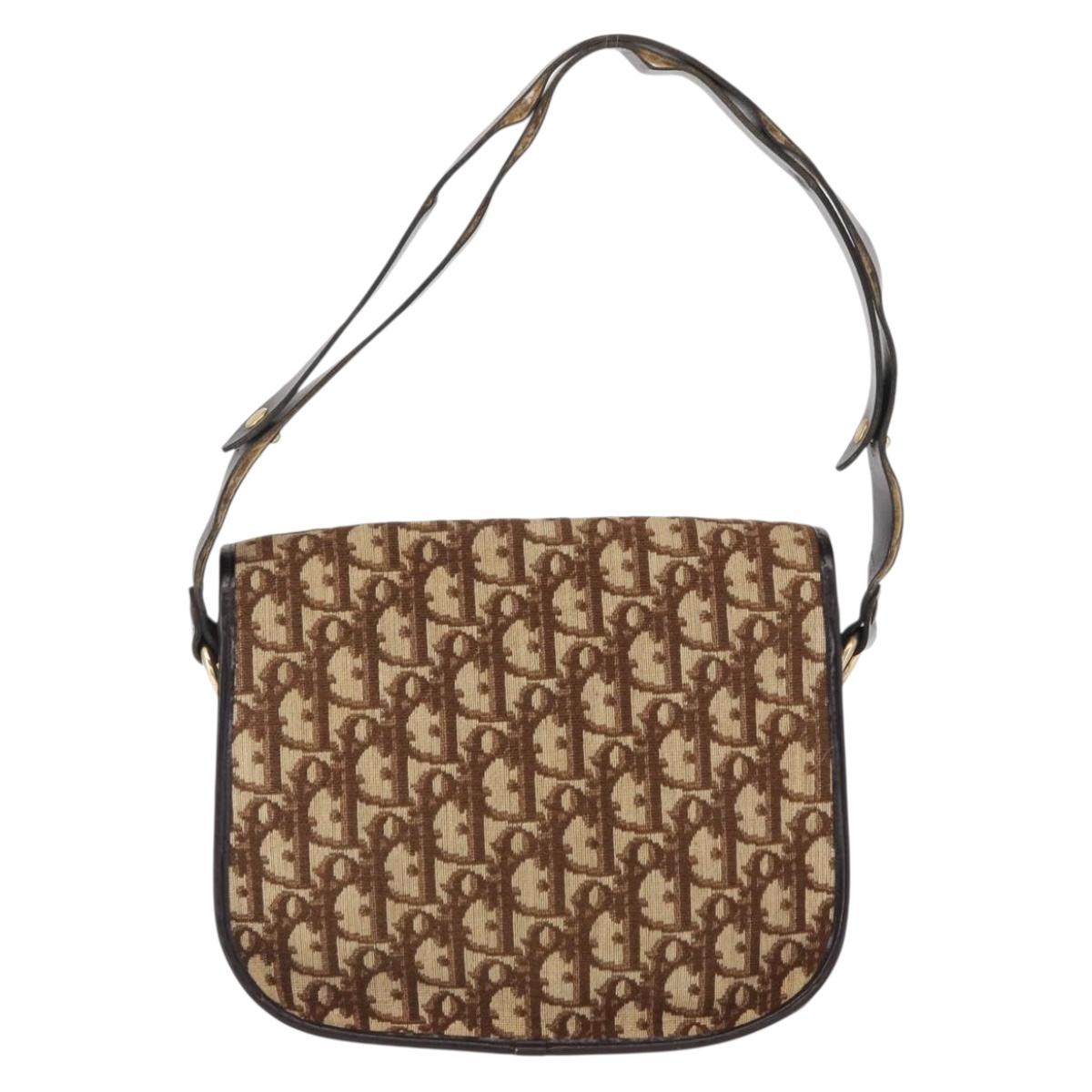 Christian Dior Trotter Canvas Shoulder Bag Brown Gold Auth 166150