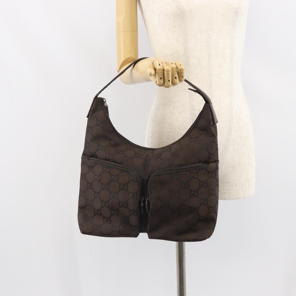 GUCCI GG Canvas Shoulder Bag Dark Brown Silver 105648 Auth 166181