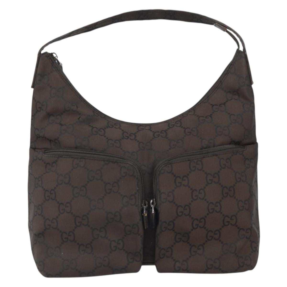 GUCCI GG Canvas Shoulder Bag Dark Brown Silver 105648 Auth 166181