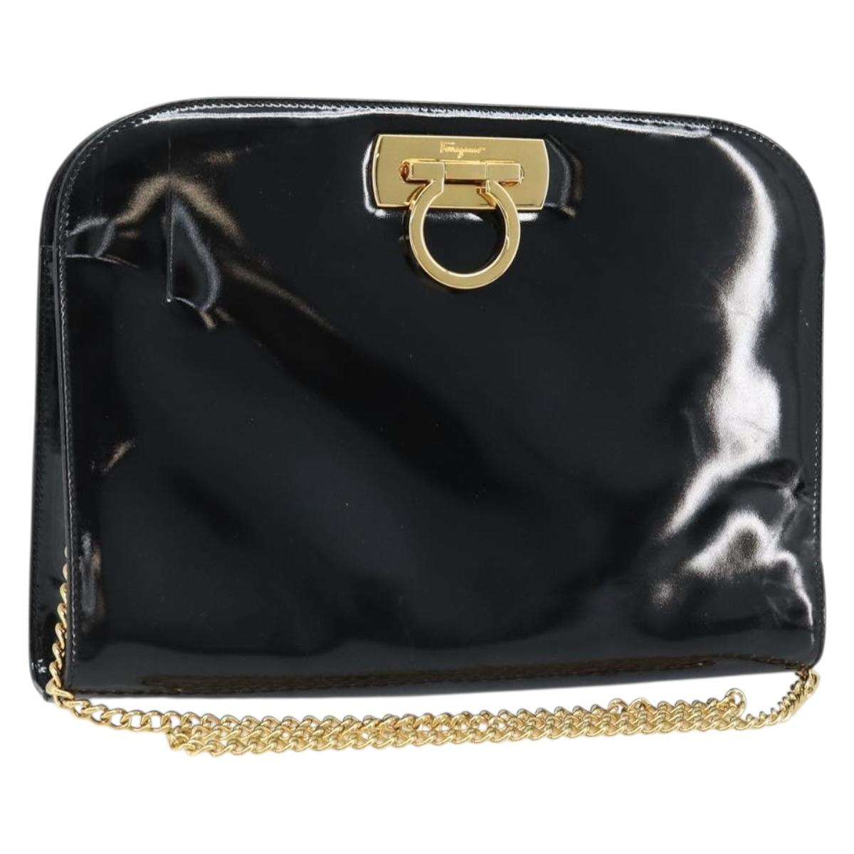 Salvatore Ferragamo Gancini Chain Bag Patent leather Black Gold Auth 166240
