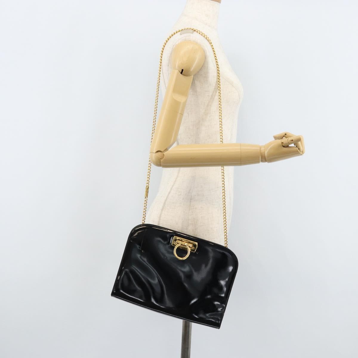 Salvatore Ferragamo Gancini Chain Bag Patent leather Black Gold Auth 166240