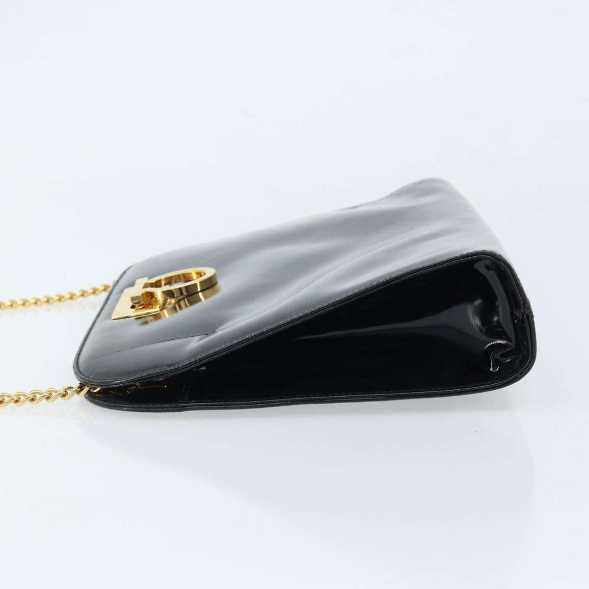 Salvatore Ferragamo Gancini Chain Bag Patent leather Black Gold Auth 166240