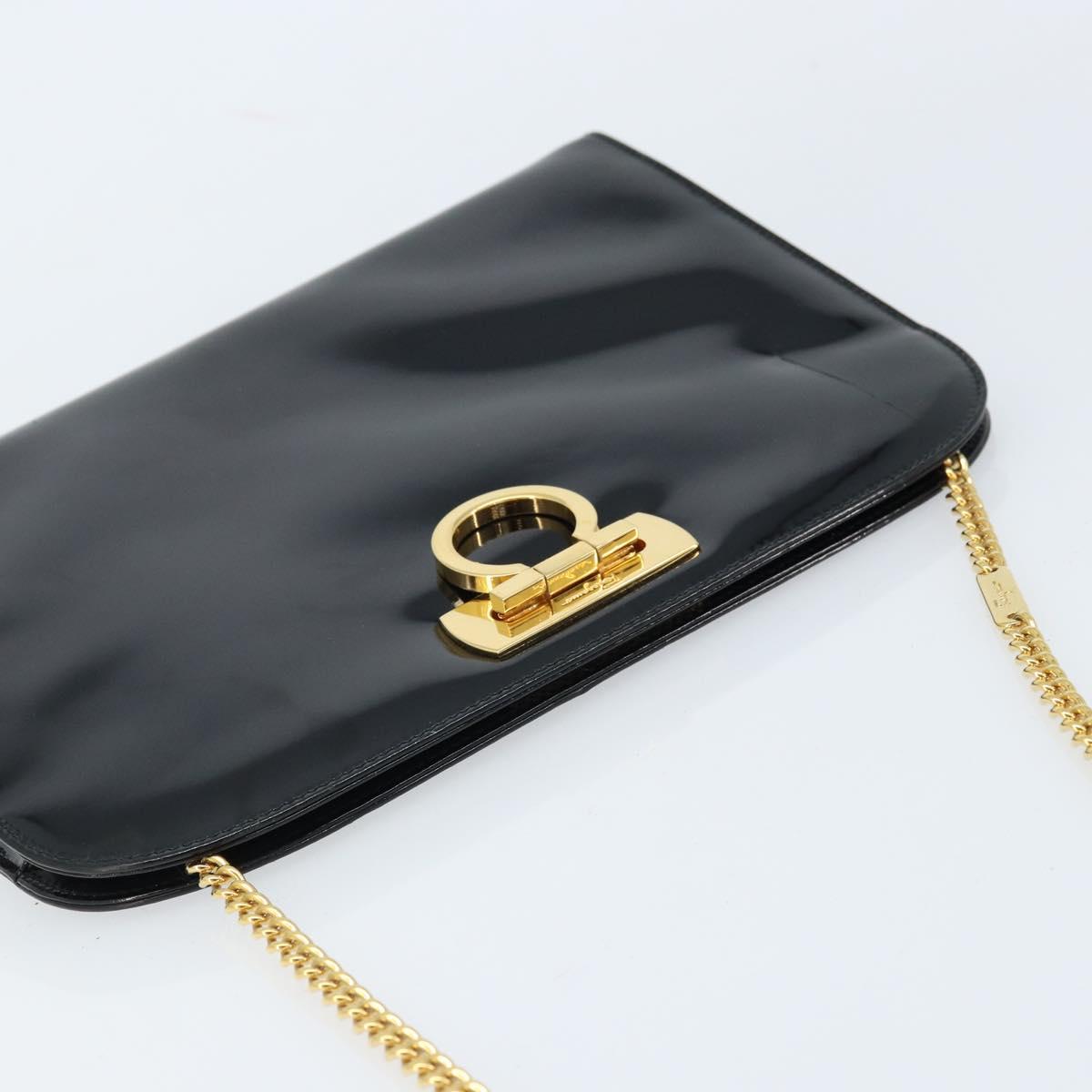 Salvatore Ferragamo Gancini Chain Bag Patent leather Black Gold Auth 166240