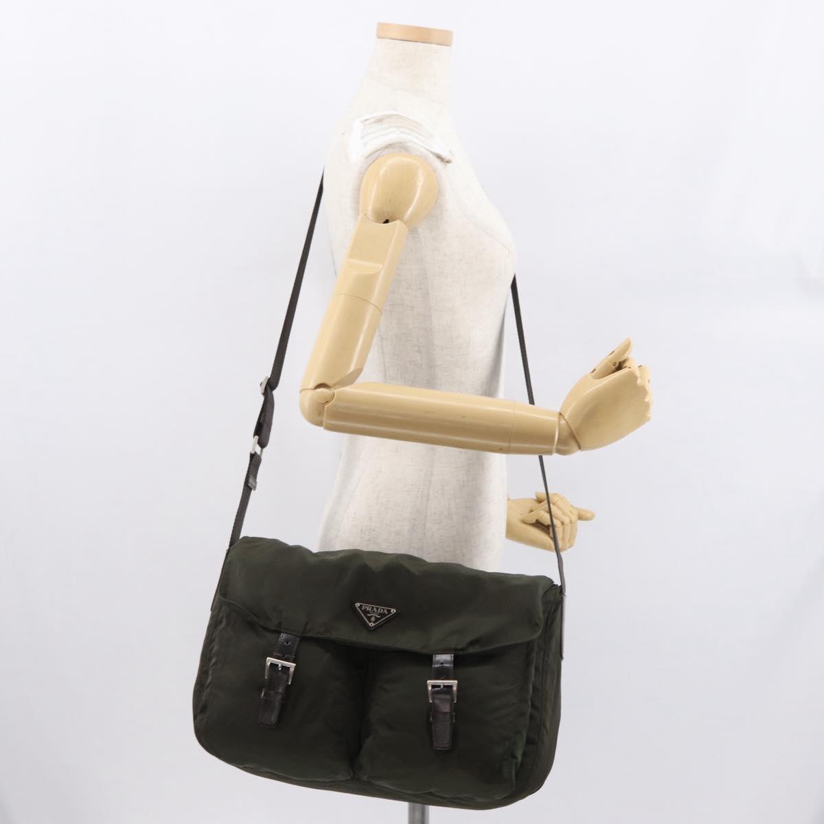 PRADA Shoulder Bag Nylon Khaki Silver Auth 166285