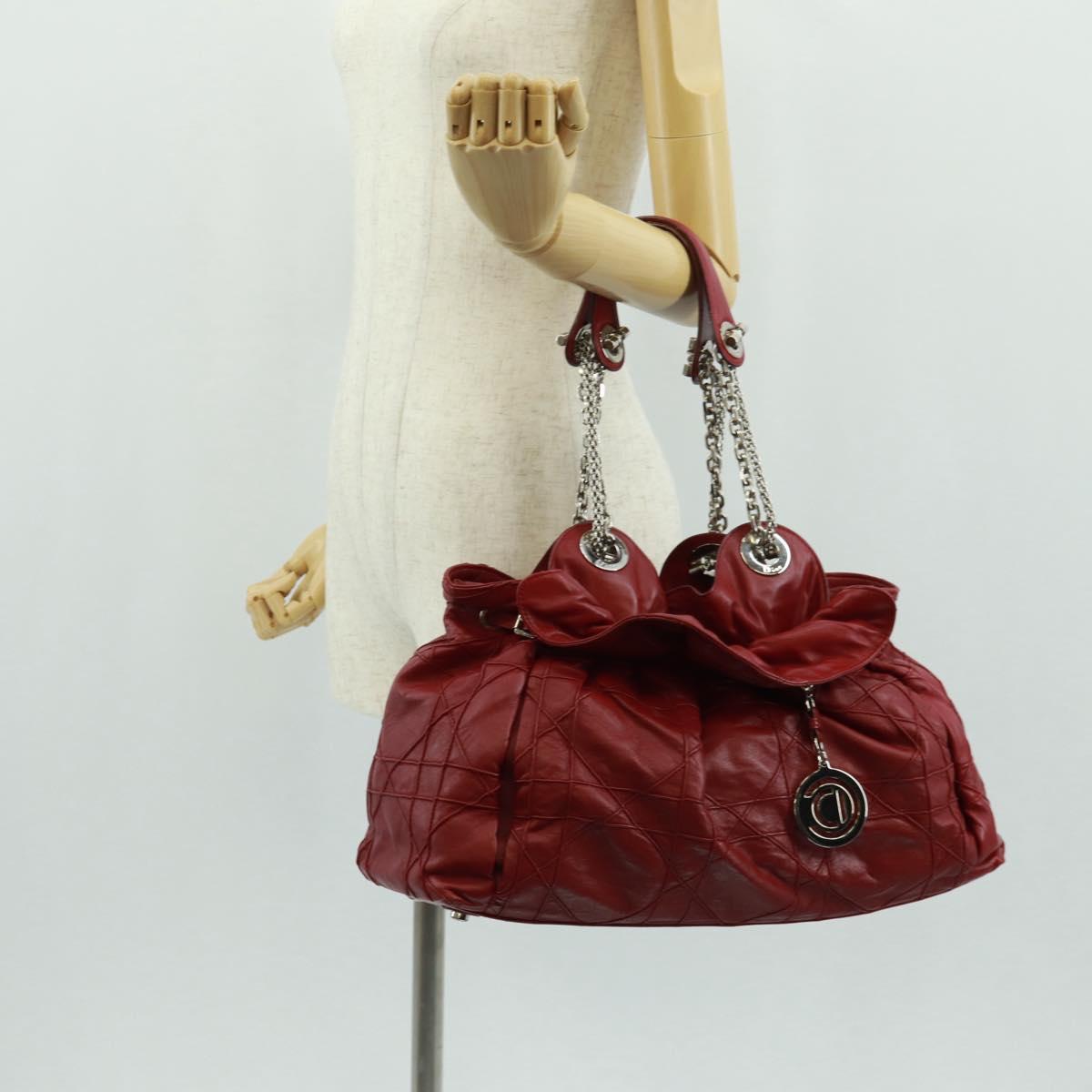 Christian Dior Canage Chain Shoulder Bag Leather Red Silver Auth 166291