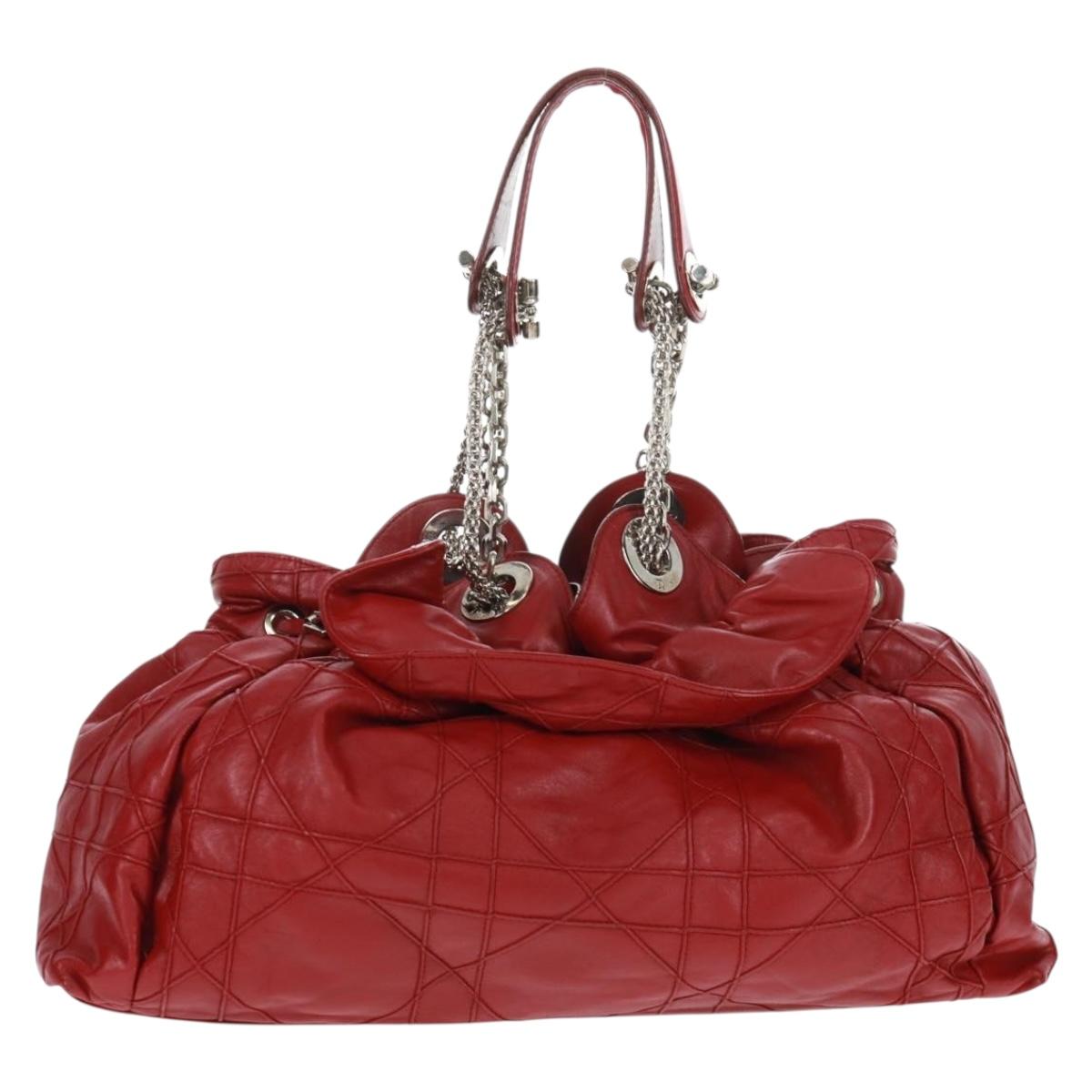 Christian Dior Canage Chain Shoulder Bag Leather Red Silver Auth 166291
