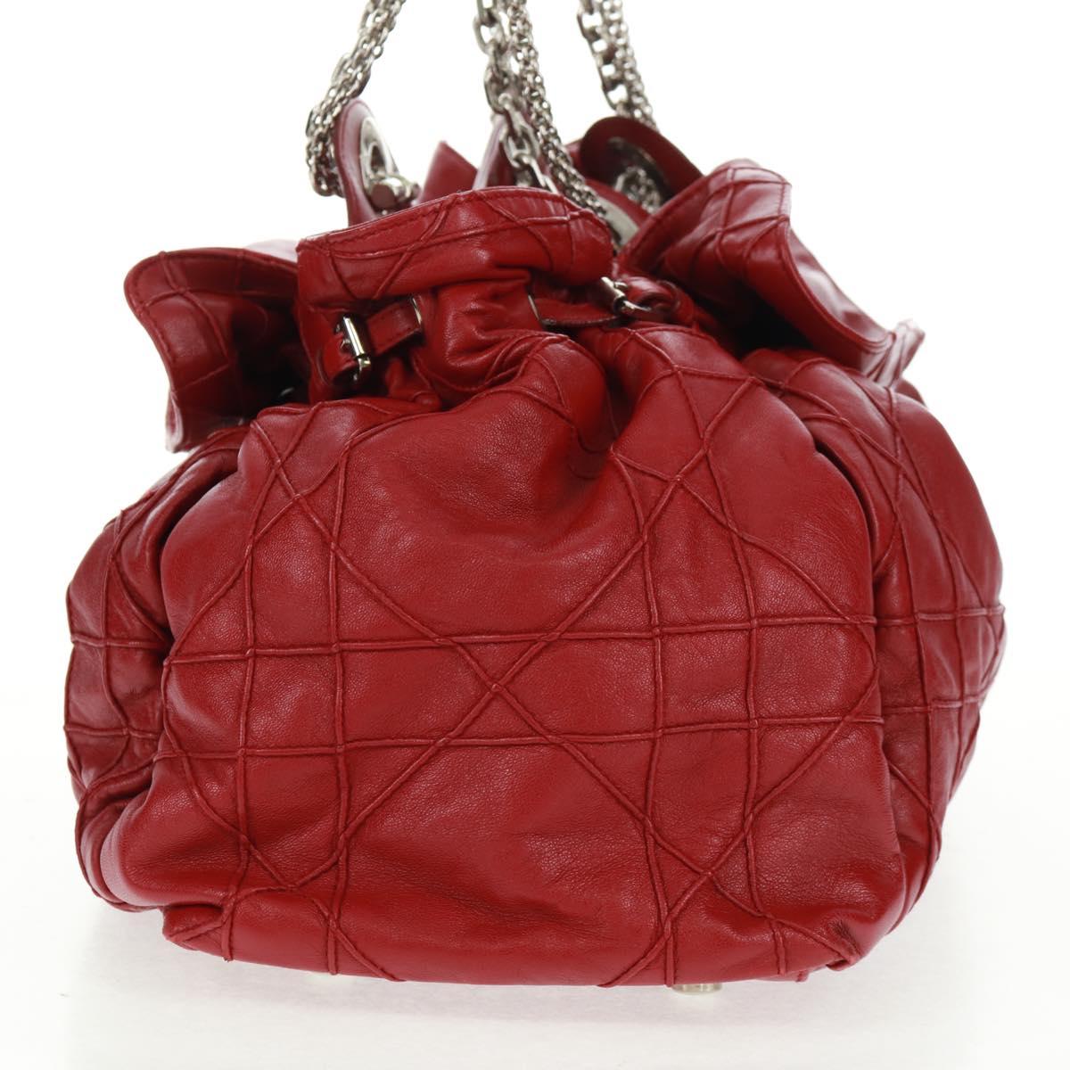 Christian Dior Canage Chain Shoulder Bag Leather Red Silver Auth 166291