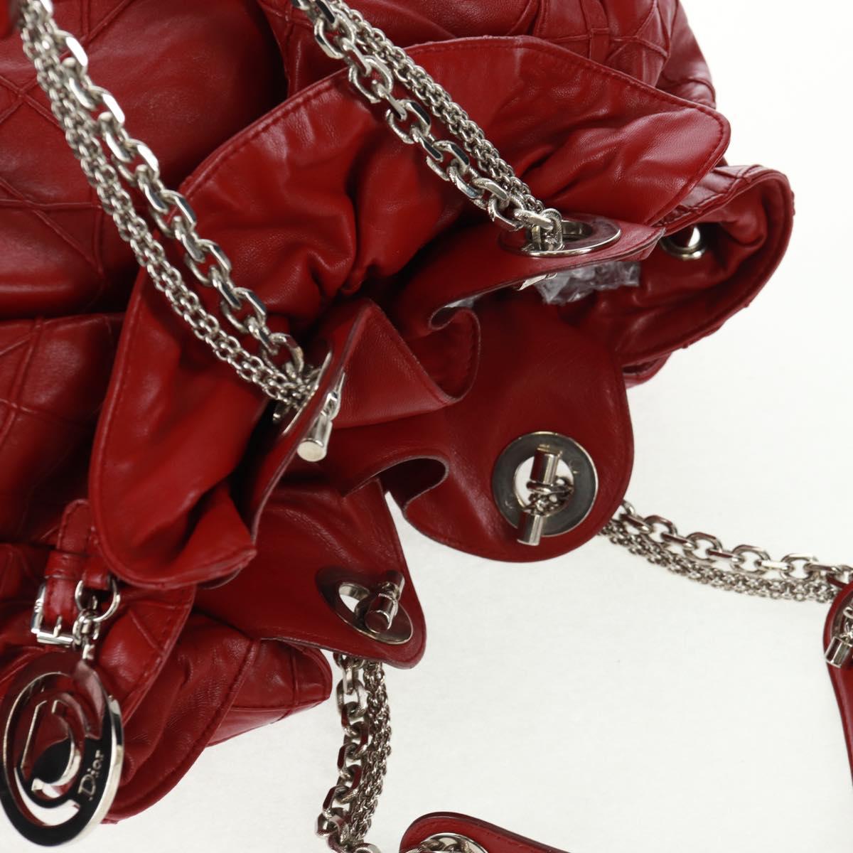Christian Dior Canage Chain Shoulder Bag Leather Red Silver Auth 166291