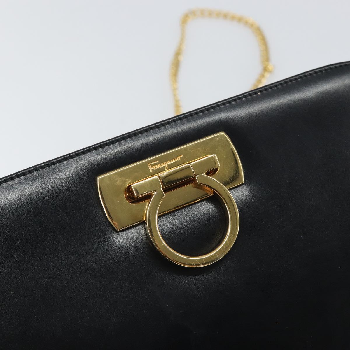 Salvatore Ferragamo Gancini Chain Shoulder Bag Leather Black Gold Auth 166295