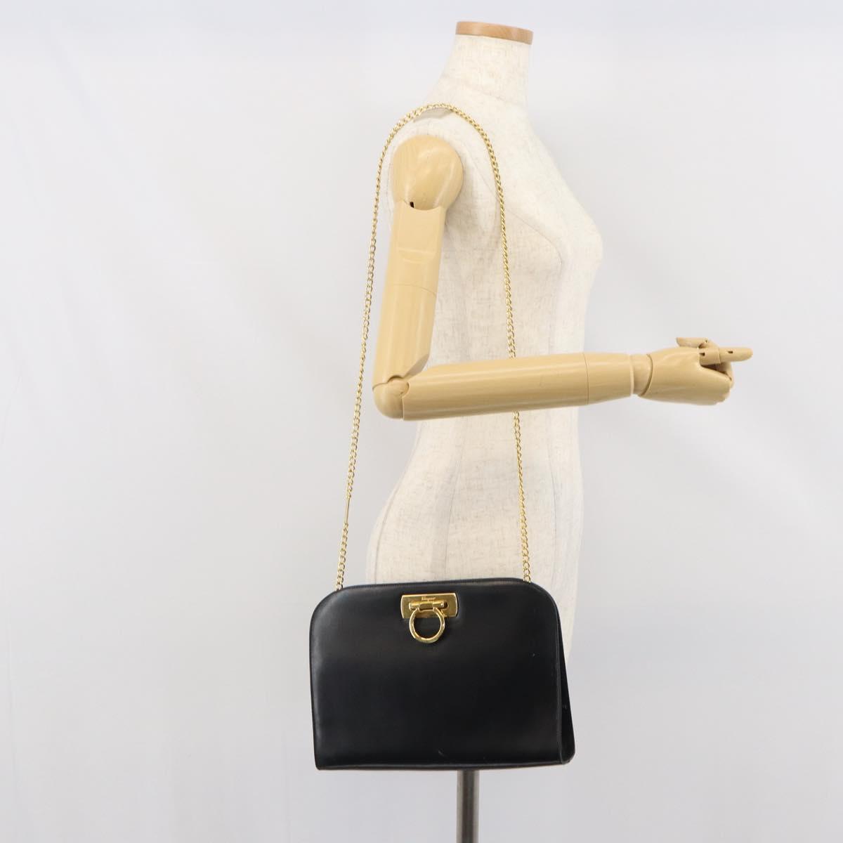 Salvatore Ferragamo Gancini Chain Shoulder Bag Leather Black Gold Auth 166295