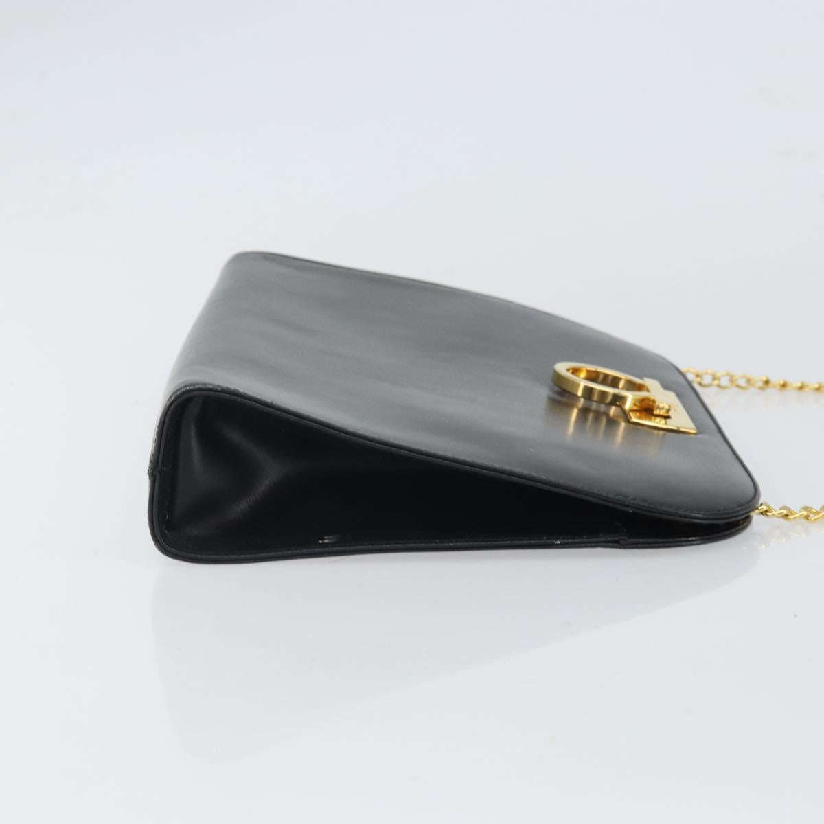 Salvatore Ferragamo Gancini Chain Shoulder Bag Leather Black Gold Auth 166295