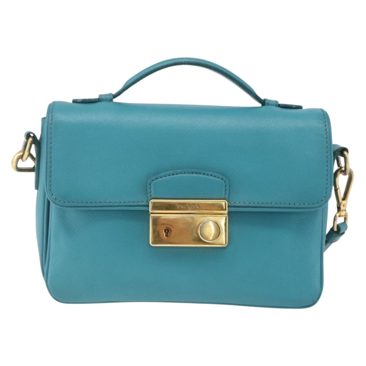 PRADA Hand Bag Safiano leather 2way Light Blue Gold Auth 166296