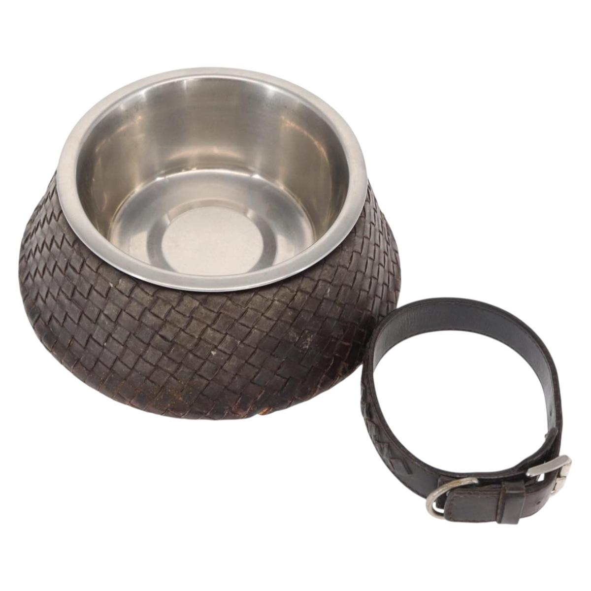 BOTTEGAVENETA Food Bowl And Collar set Dog Leash Leather Brown Auth 166322