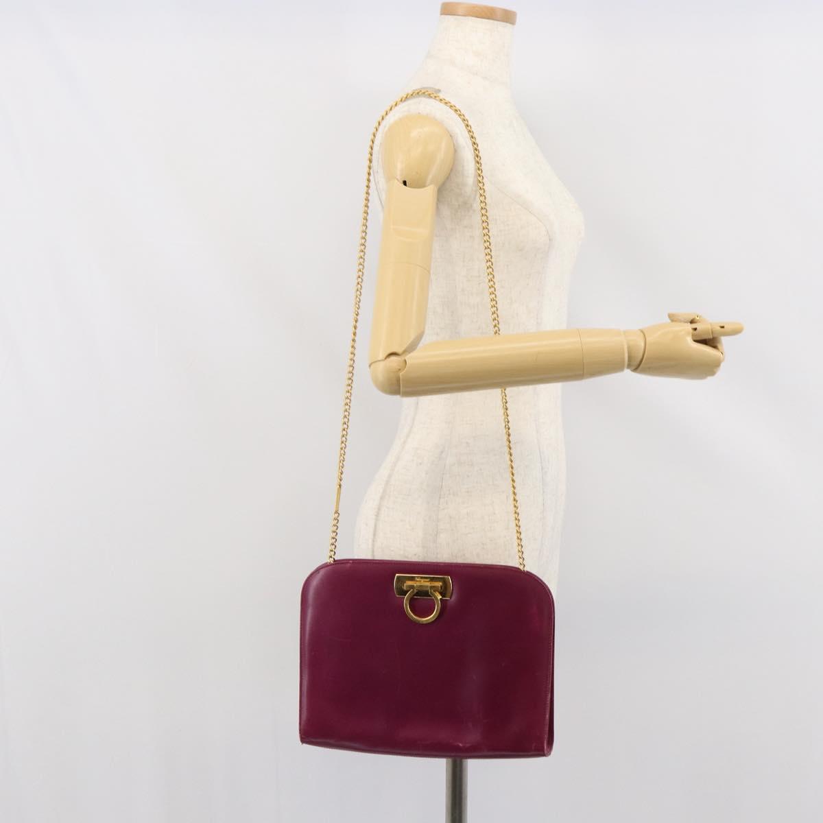 Salvatore Ferragamo Chain Gancini Shoulder Bag Leather Purple Gold Auth 166354