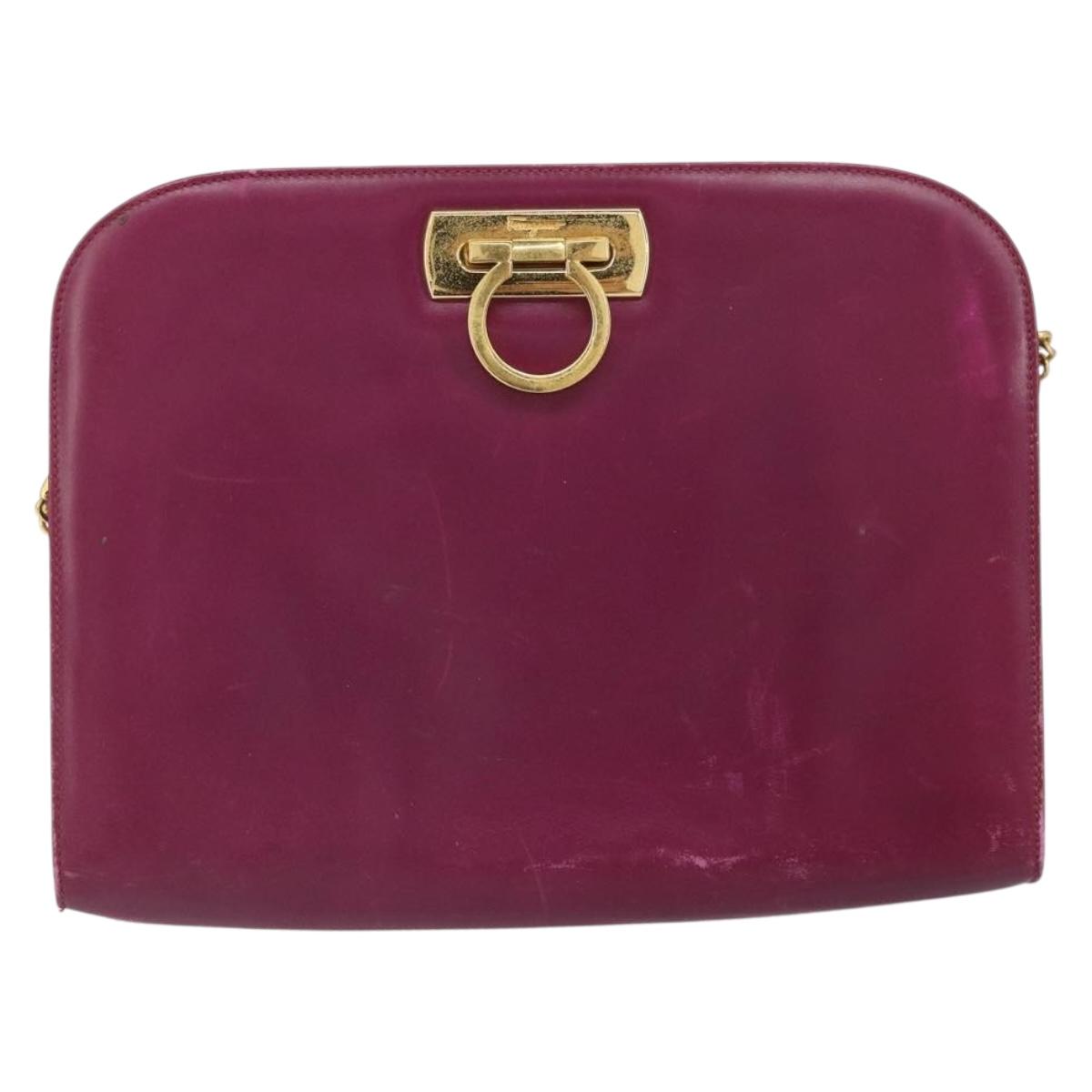 Salvatore Ferragamo Chain Gancini Shoulder Bag Leather Purple Gold Auth 166354