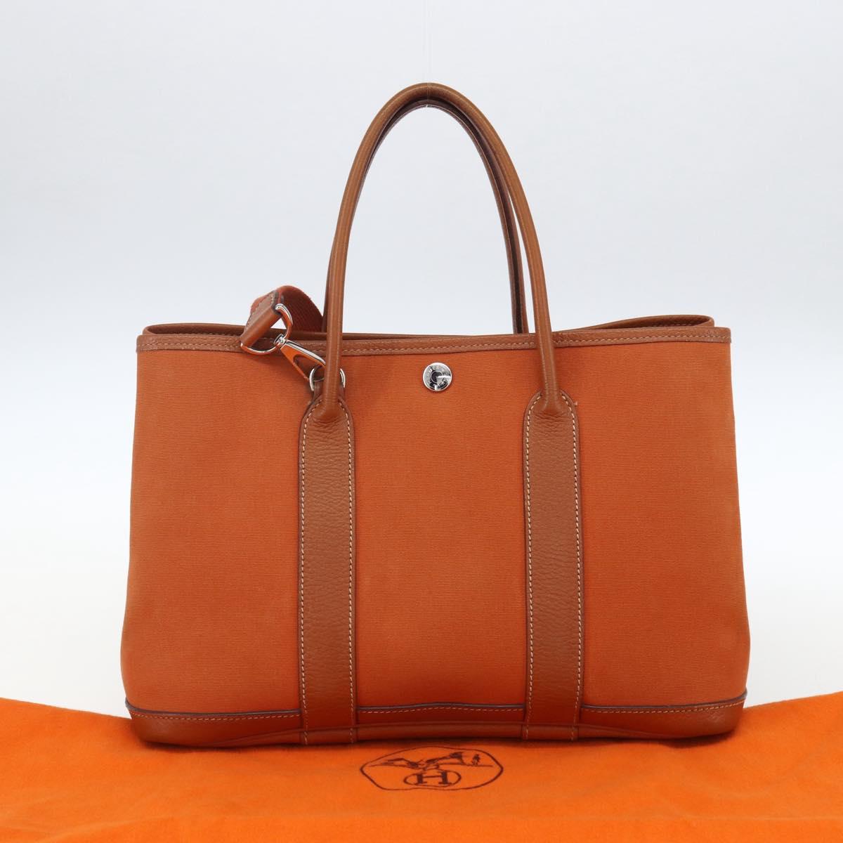 HERMES Garden Party TPM Hand Bag Canvas 2way Orange Silver Auth 166360V