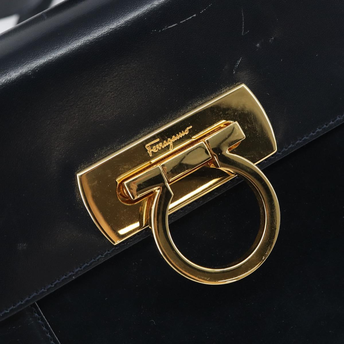 Salvatore Ferragamo Gancini Shoulder Bag Leather Navy Gold Auth 166375