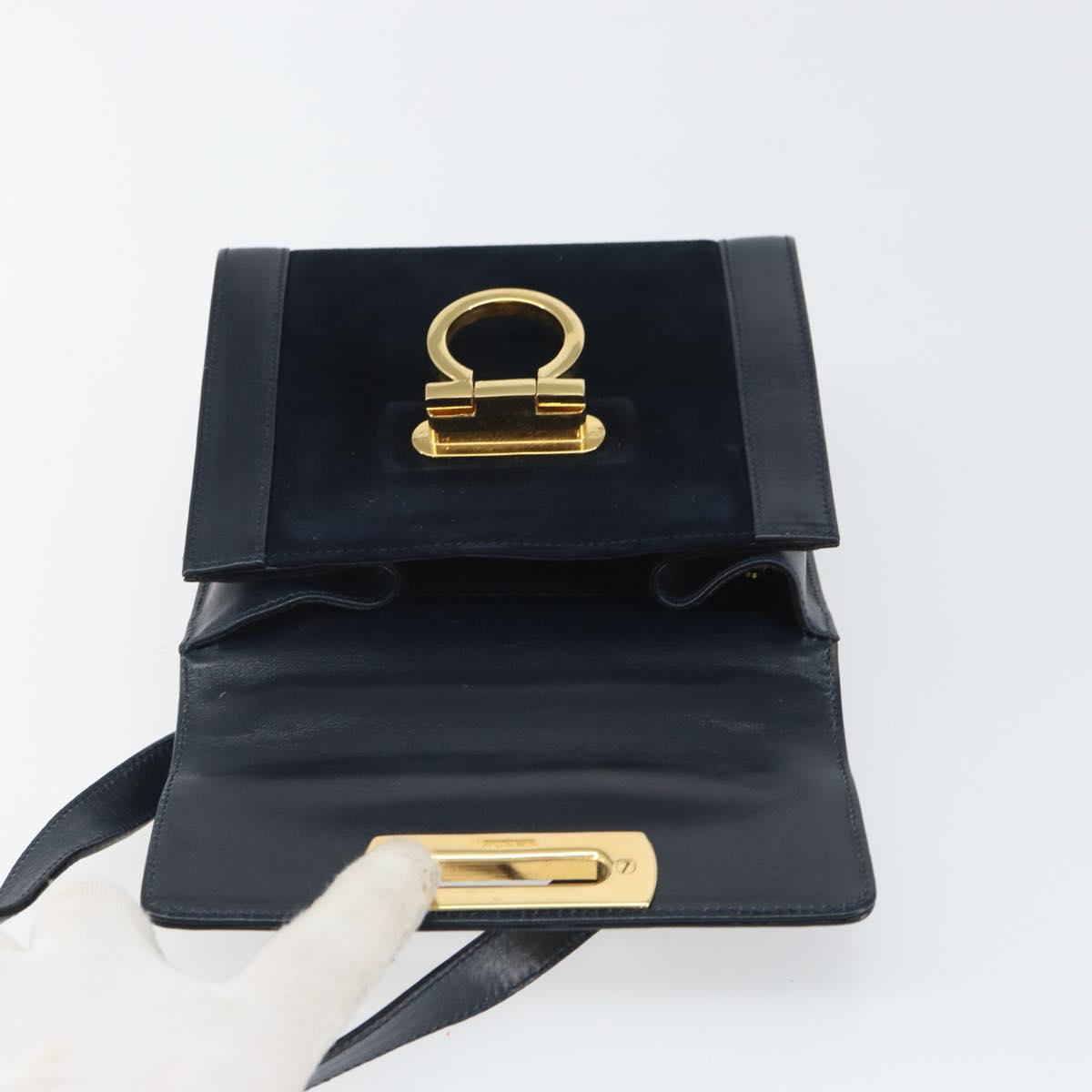 Salvatore Ferragamo Gancini Shoulder Bag Leather Navy Gold Auth 166375