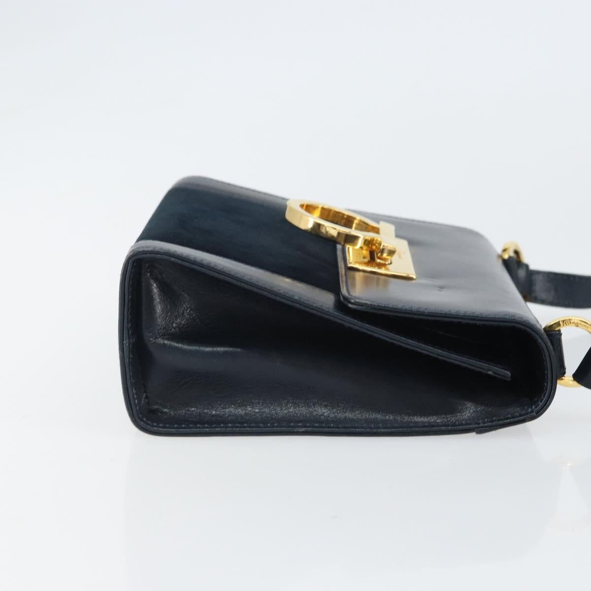 Salvatore Ferragamo Gancini Shoulder Bag Leather Navy Gold Auth 166375