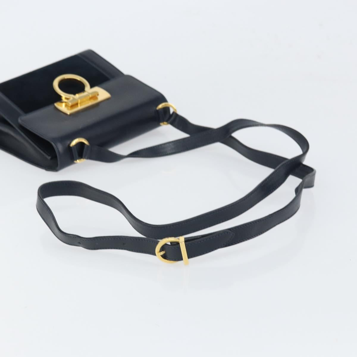 Salvatore Ferragamo Gancini Shoulder Bag Leather Navy Gold Auth 166375