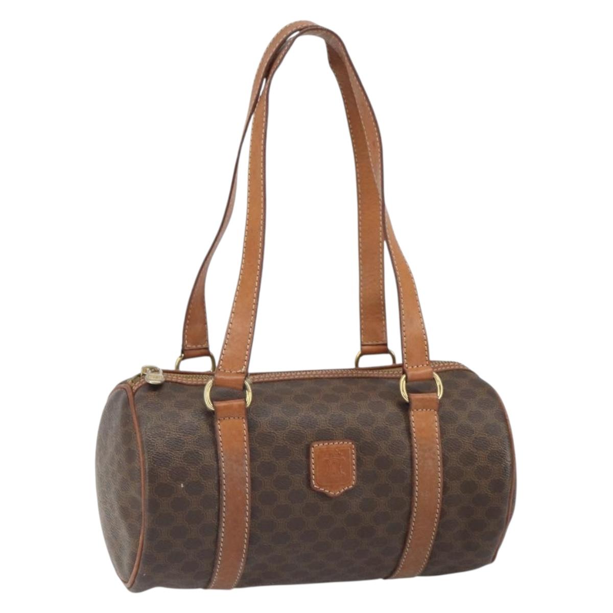 CELINE Macadam Canvas Drum bag Hand Bag PVC Leather Brown Gold Auth 166386