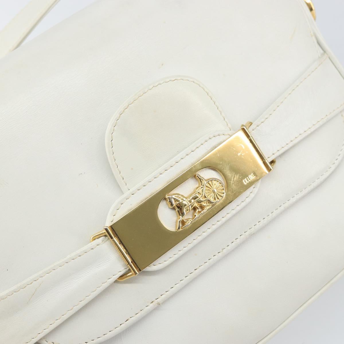 CELINE Horse Carriage Shoulder Bag Leather White Gold Auth 166400