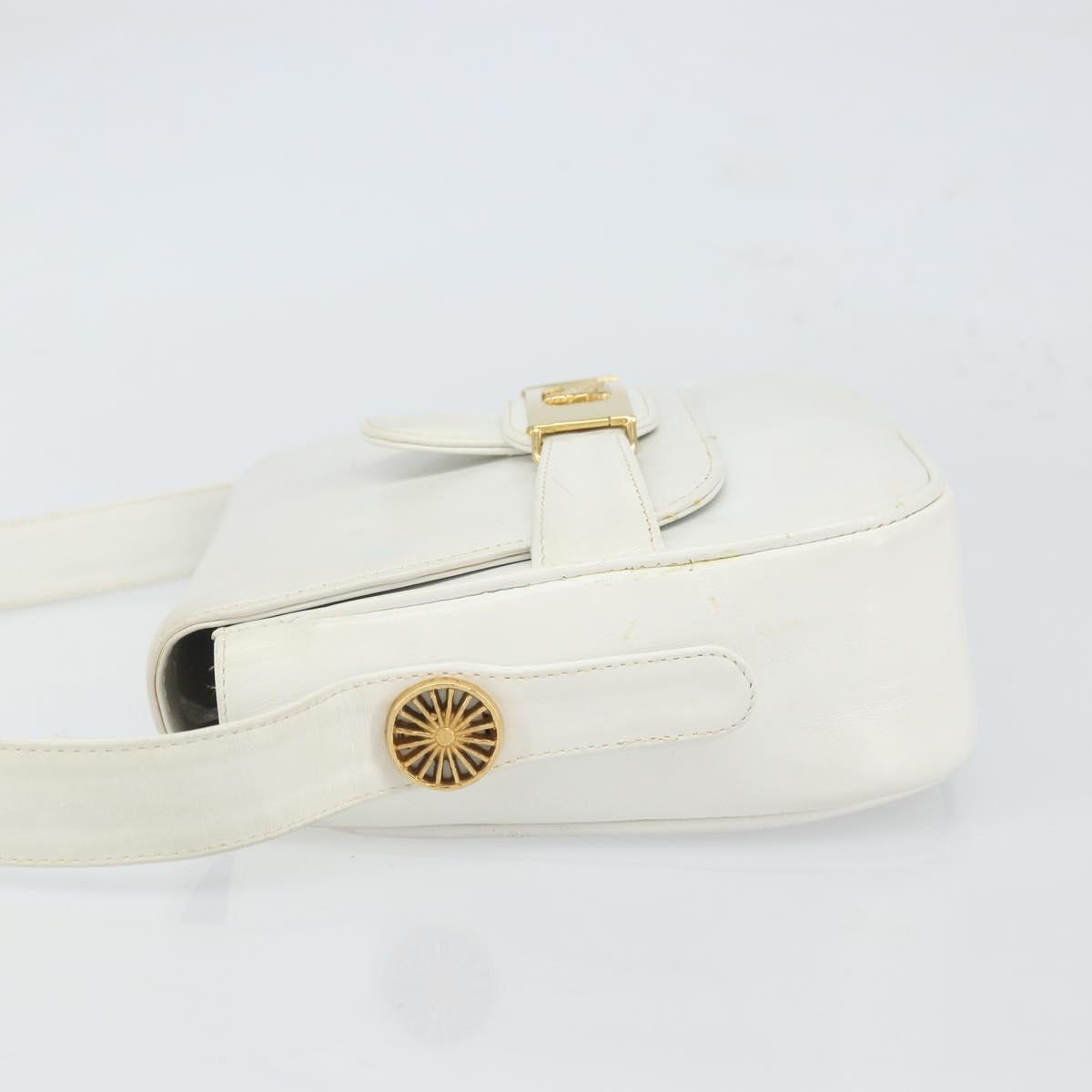 CELINE Horse Carriage Shoulder Bag Leather White Gold Auth 166400