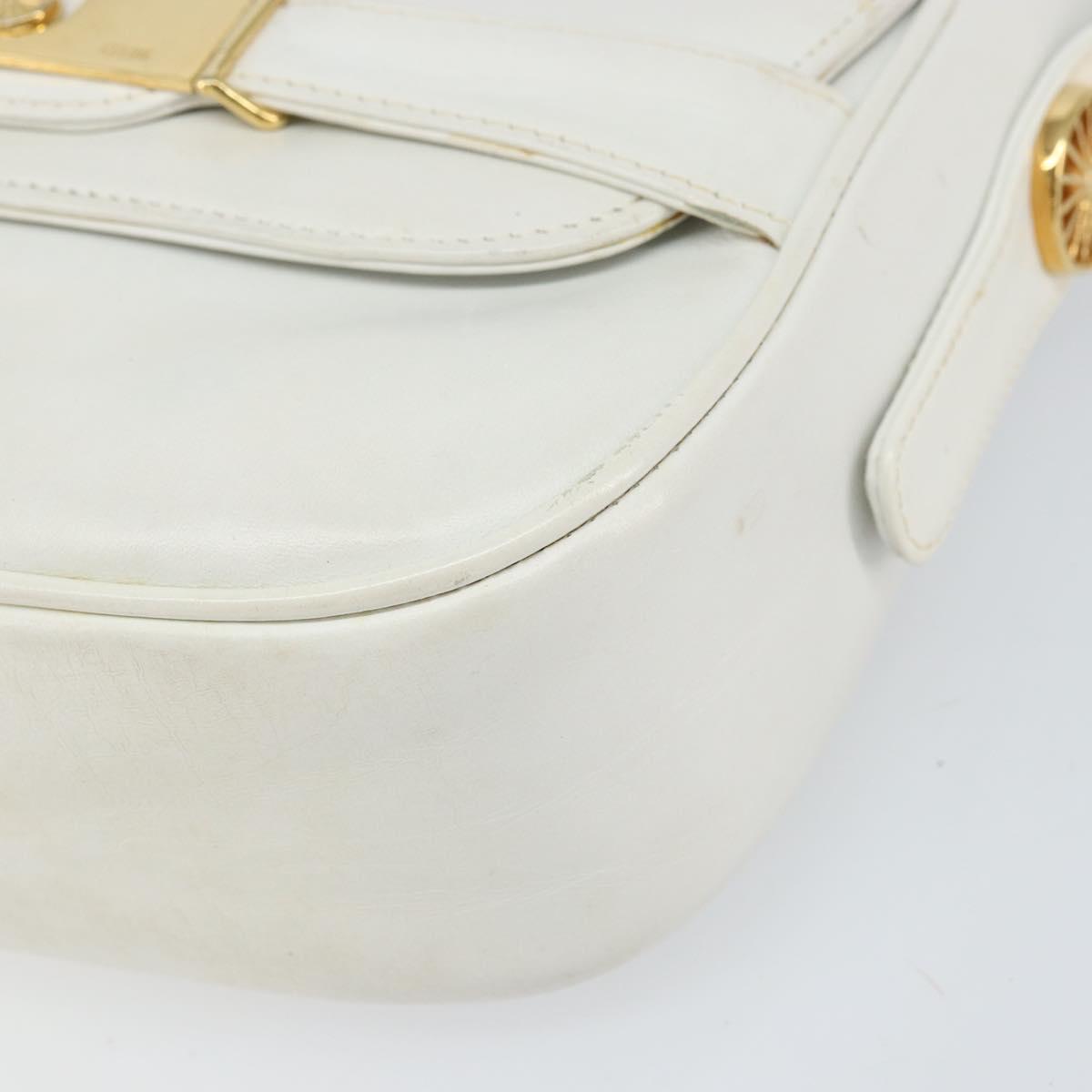 CELINE Horse Carriage Shoulder Bag Leather White Gold Auth 166400