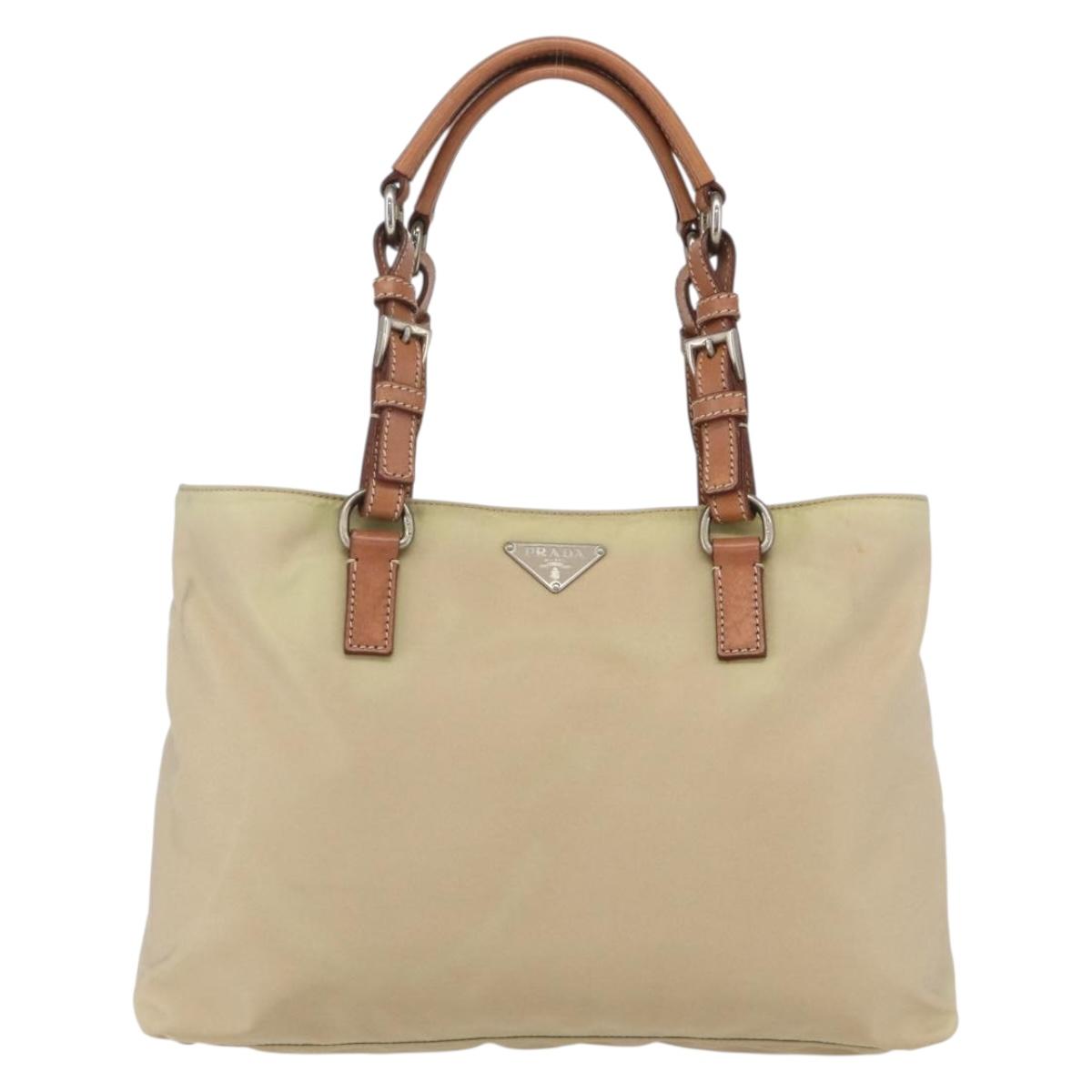 PRADA Tote Bag Nylon Ivory Silver Auth 166401