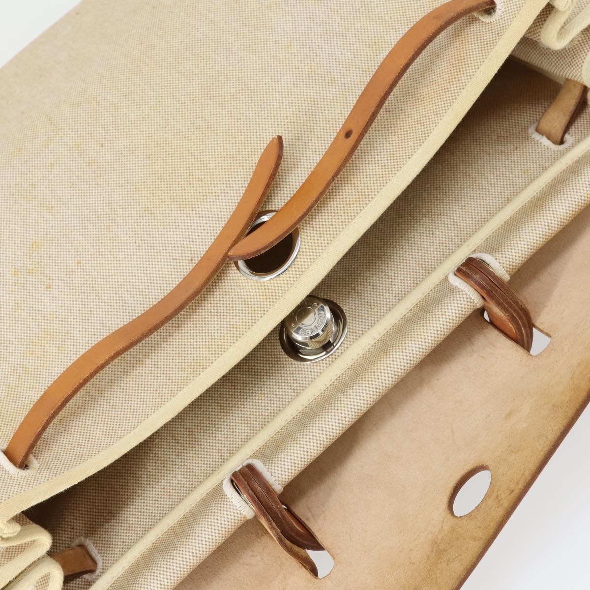 HERMES Her bag Hand Bag Canvas Leather 2way Beige Silver Auth 166412