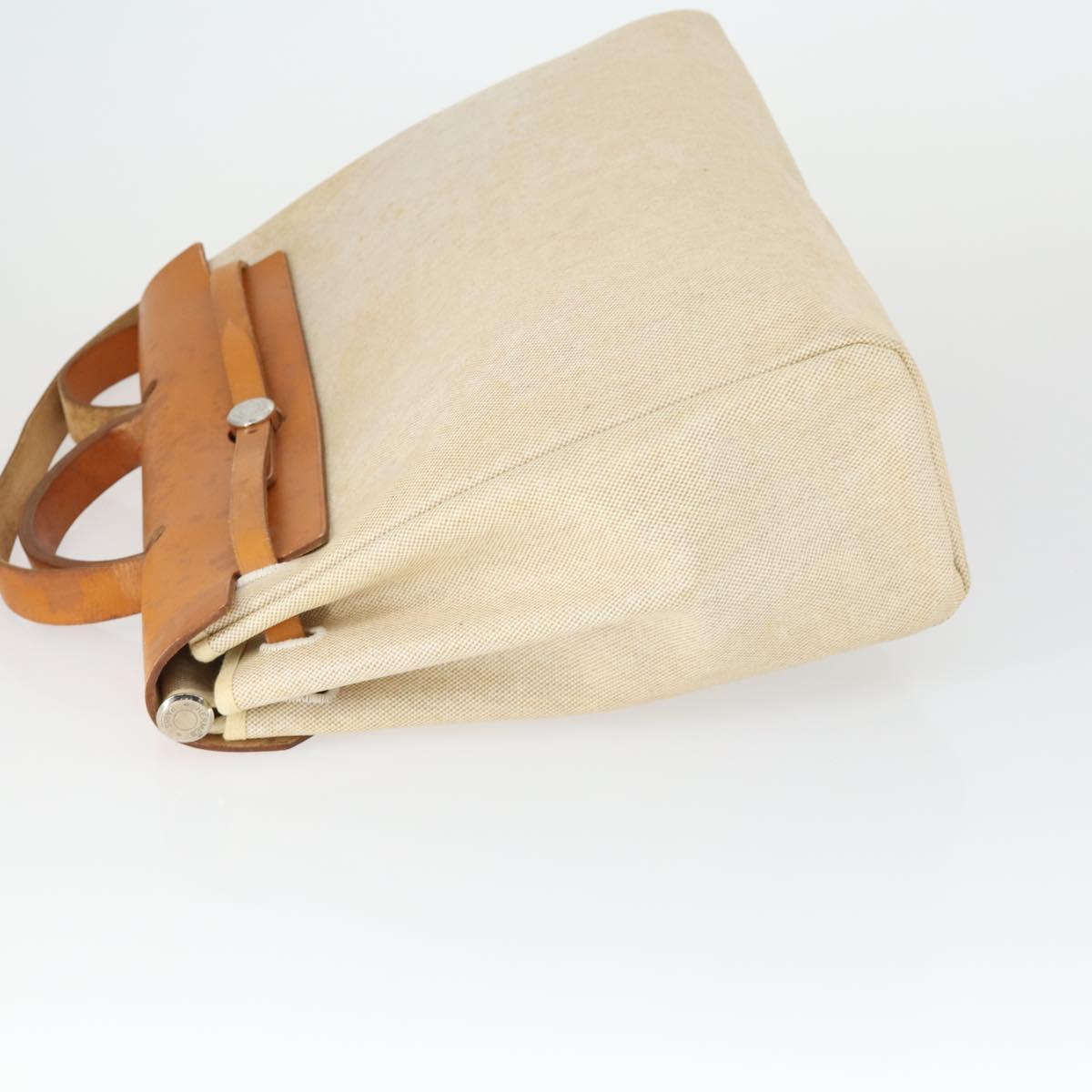 HERMES Her bag Hand Bag Canvas Leather 2way Beige Silver Auth 166412