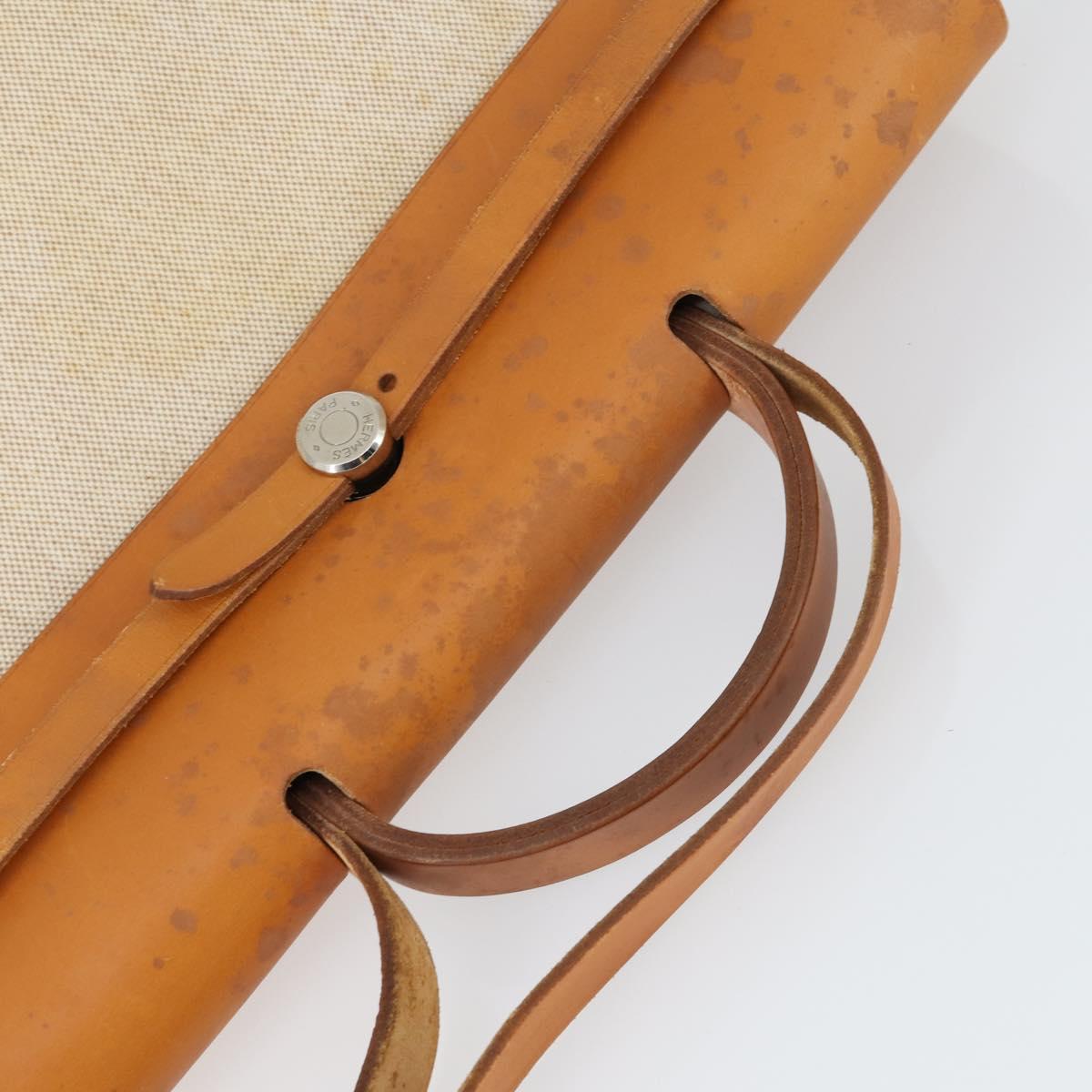 HERMES Her bag Hand Bag Canvas Leather 2way Beige Silver Auth 166412