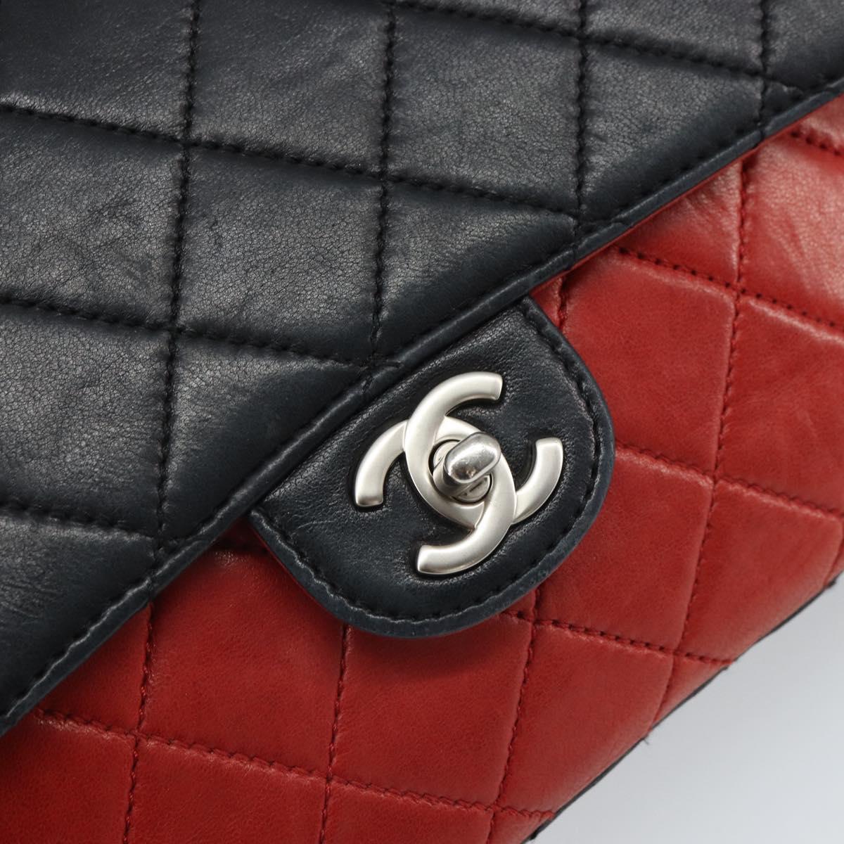 CHANEL Matelasse 25 Chain Shoulder Bag Lamb Skin Red Navy CC Auth 166416