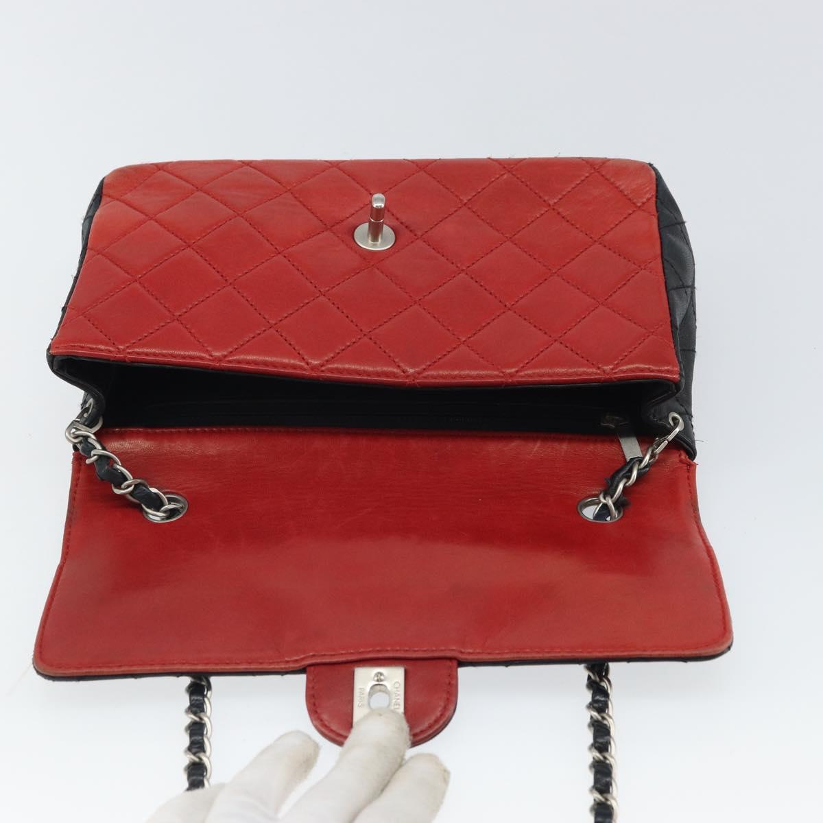 CHANEL Matelasse 25 Chain Shoulder Bag Lamb Skin Red Navy CC Auth 166416