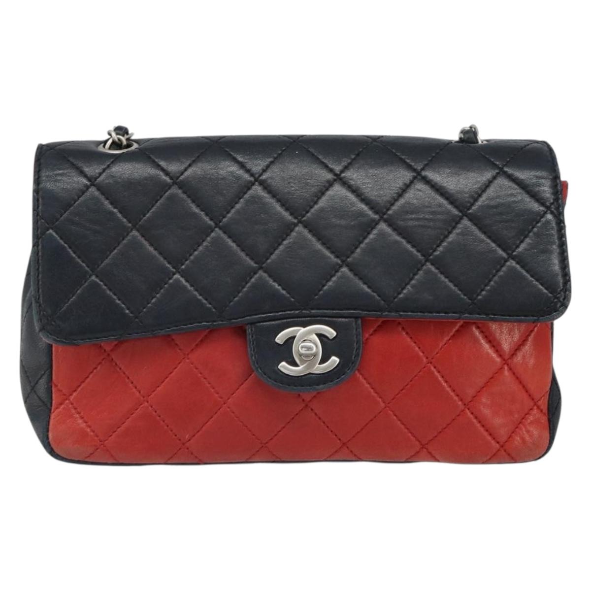 CHANEL Matelasse 25 Chain Shoulder Bag Lamb Skin Red Navy CC Auth 166416