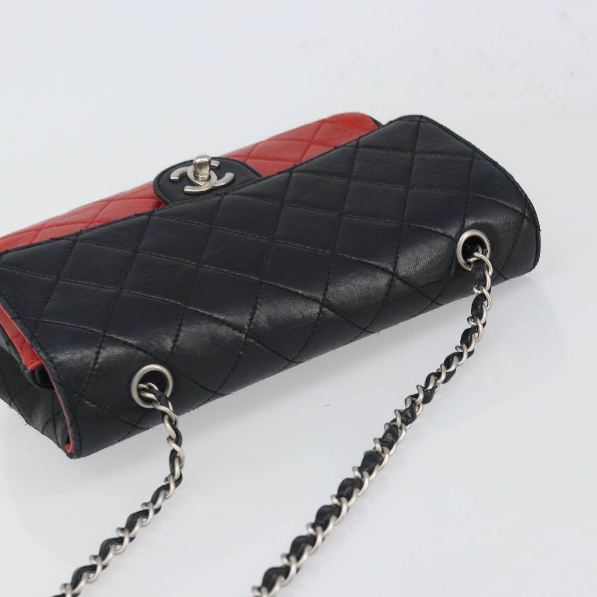 CHANEL Matelasse 25 Chain Shoulder Bag Lamb Skin Red Navy CC Auth 166416