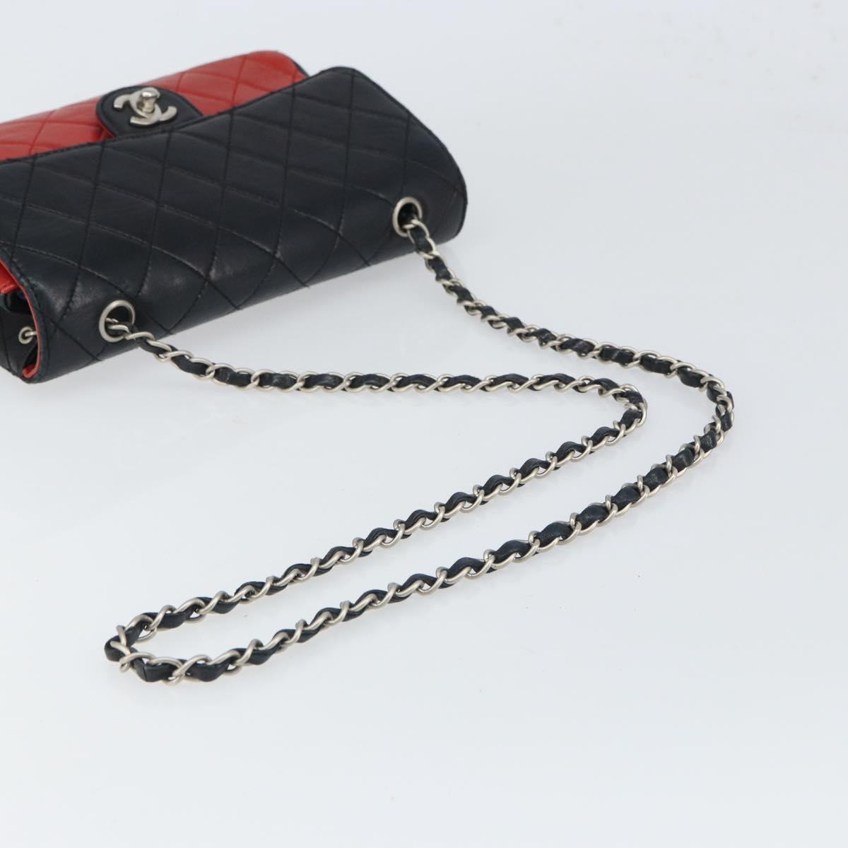 CHANEL Matelasse 25 Chain Shoulder Bag Lamb Skin Red Navy CC Auth 166416