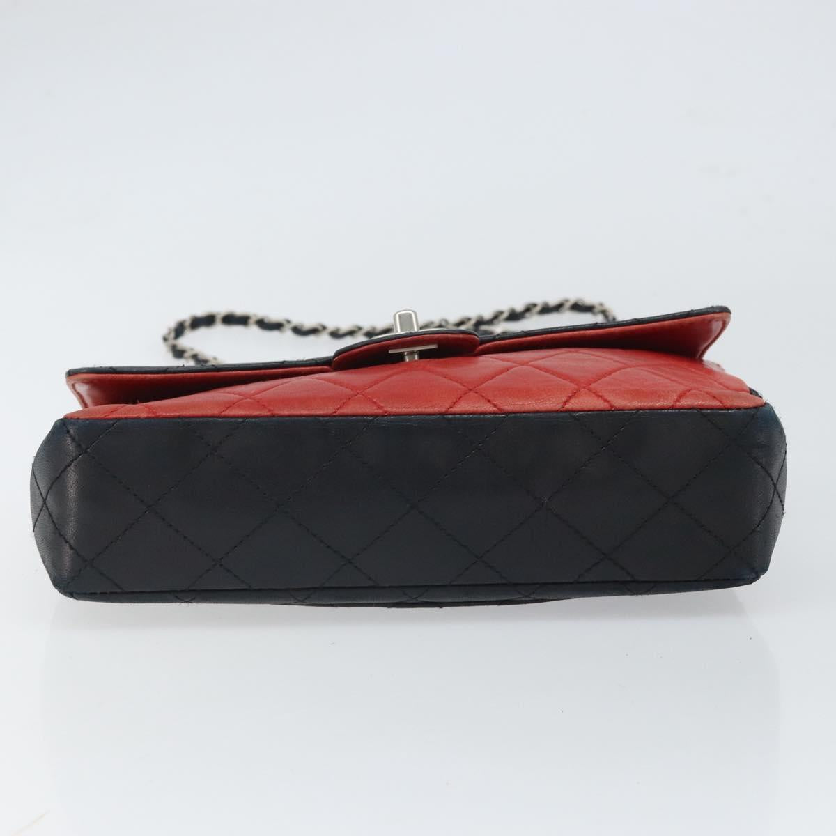 CHANEL Matelasse 25 Chain Shoulder Bag Lamb Skin Red Navy CC Auth 166416