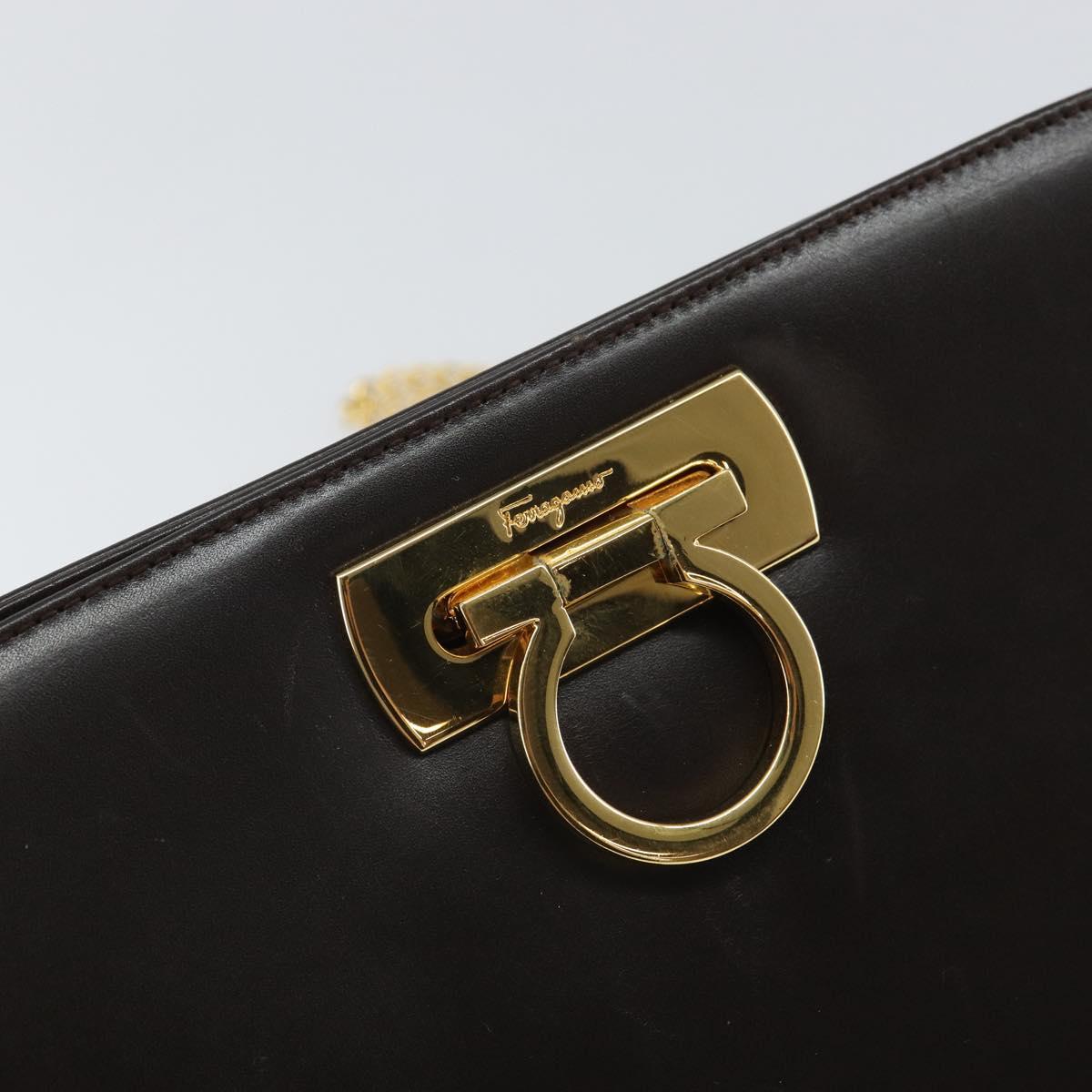 Salvatore Ferragamo Gancini Chain Shoulder Bag Leather Brown Gold Auth 166439