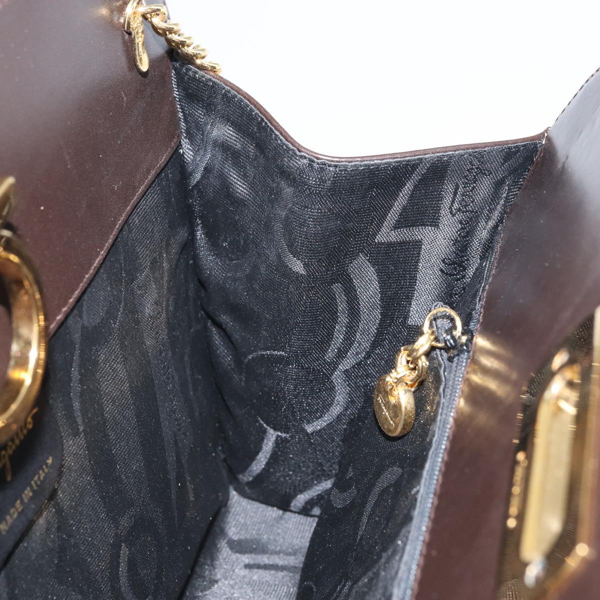 Salvatore Ferragamo Gancini Chain Shoulder Bag Leather Brown Gold Auth 166439