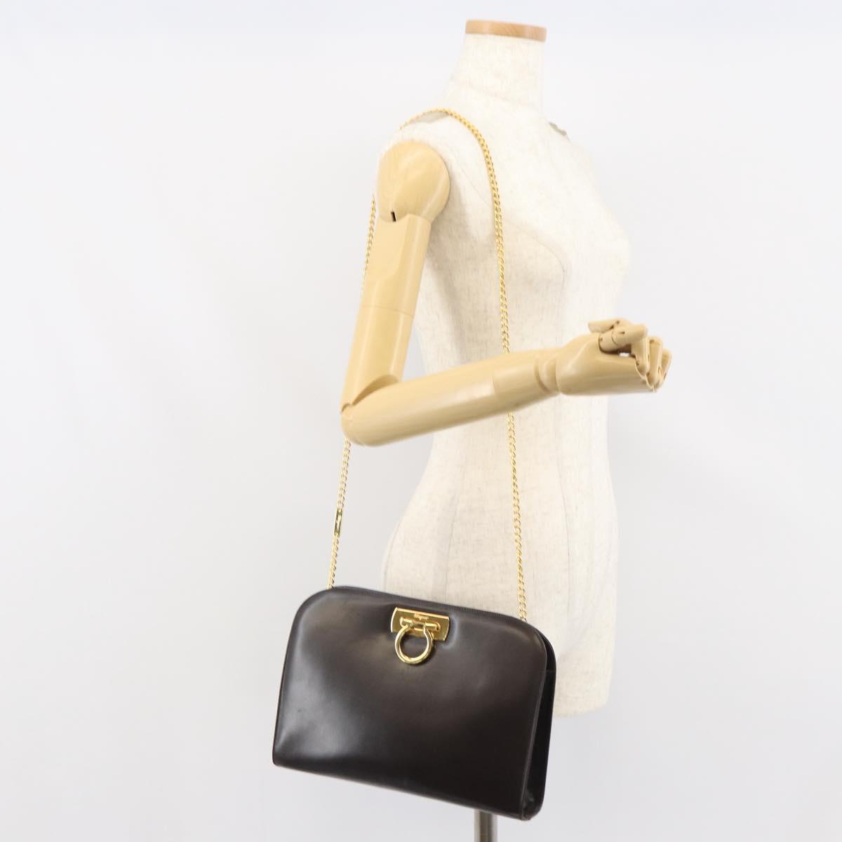 Salvatore Ferragamo Gancini Chain Shoulder Bag Leather Brown Gold Auth 166439