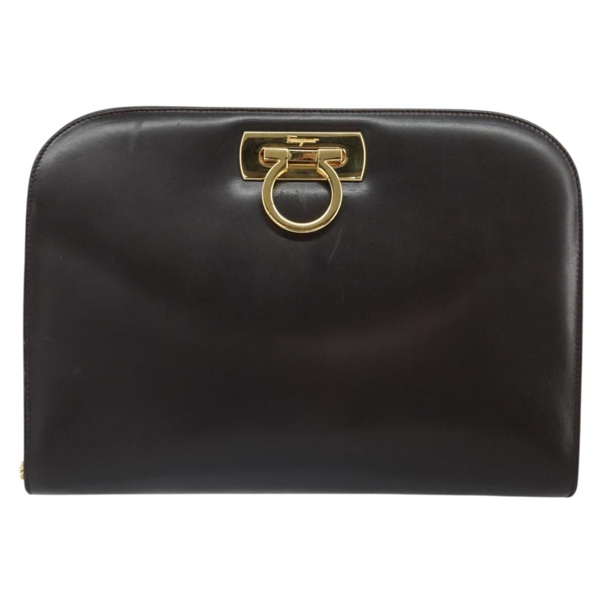 Salvatore Ferragamo Gancini Chain Shoulder Bag Leather Brown Gold Auth 166439