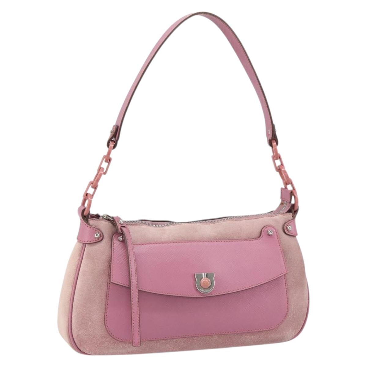 Salvatore Ferragamo Gancini Shoulder Bag Suede Pink Silver Auth 166453