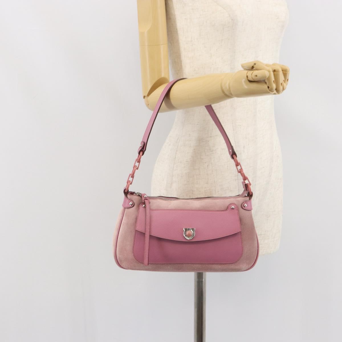 Salvatore Ferragamo Gancini Shoulder Bag Suede Pink Silver Auth 166453