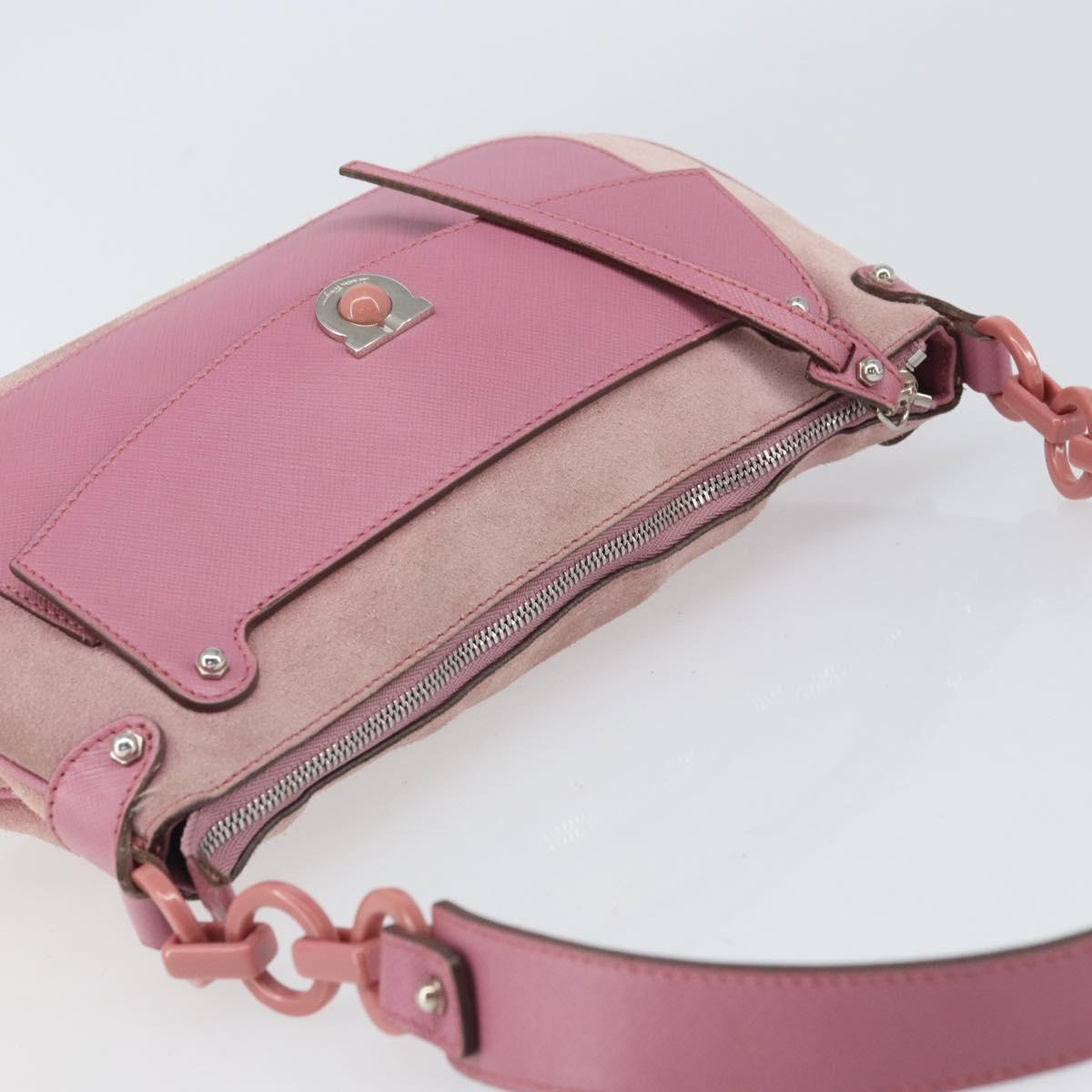 Salvatore Ferragamo Gancini Shoulder Bag Suede Pink Silver Auth 166453