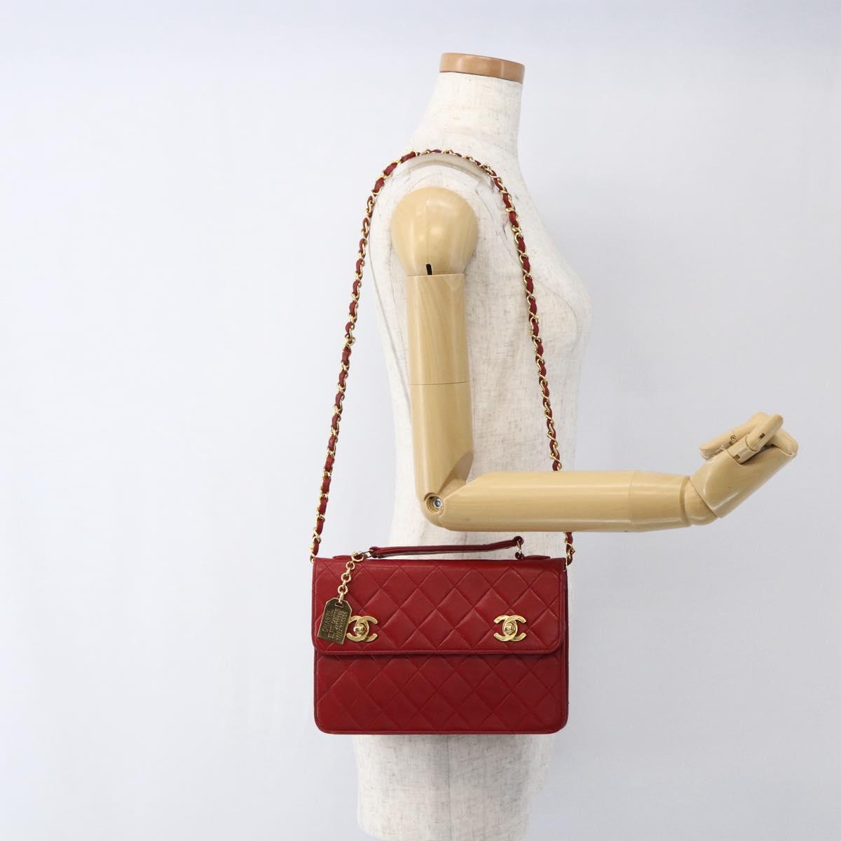 CHANEL Matelasse 23 Double Turn Lock Chain Bag Lamb Skin Red CC Auth 166468SAM