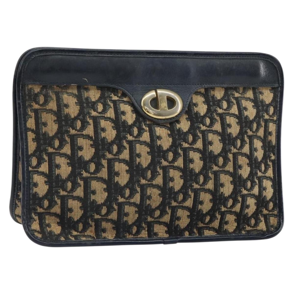 Christian Dior Trotter Canvas Clutch Bag Navy Gold Auth 166635